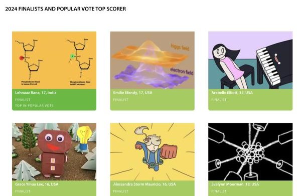 Breakthrough Junior Challenge 2024 finalists page, showing Emilie Efendy&rsquo;s Higgs field entry among the finalists