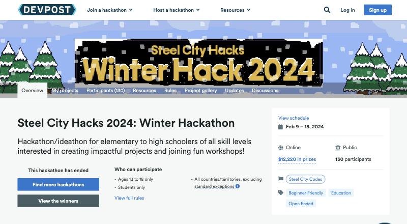 Steel City Hacks 2024 Winter Hackathon page on Devpost: Feb 9–18, 2024, $12,220 in prizes, 130 participants